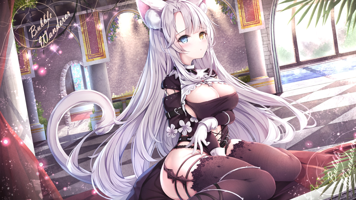 aliasing, animal_ears, breast_hold, breasts, catgirl, cleavage, gloves, gray_hair, long_hair, manman_manyou_haiyang_de_paomo, no_bra, nun, purple_eyes, tail, thighhighs