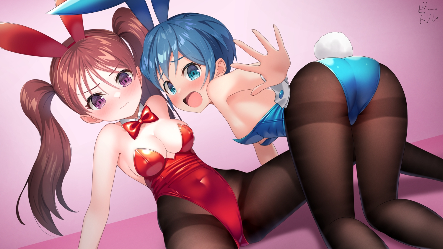 2girls, animal_ears, aqua_eyes, aqua_hair, ass, bettle_(b_s_a_n), blush, bow, breasts, brown_hair, bunny_ears, bunnygirl, cleavage, gradient, headband, kirishima_jun, leotard, long_hair, megaton_musashi, pantyhose, purple_eyes, saotome_momoka, short_hair, signed, spread_legs, tail, twintails