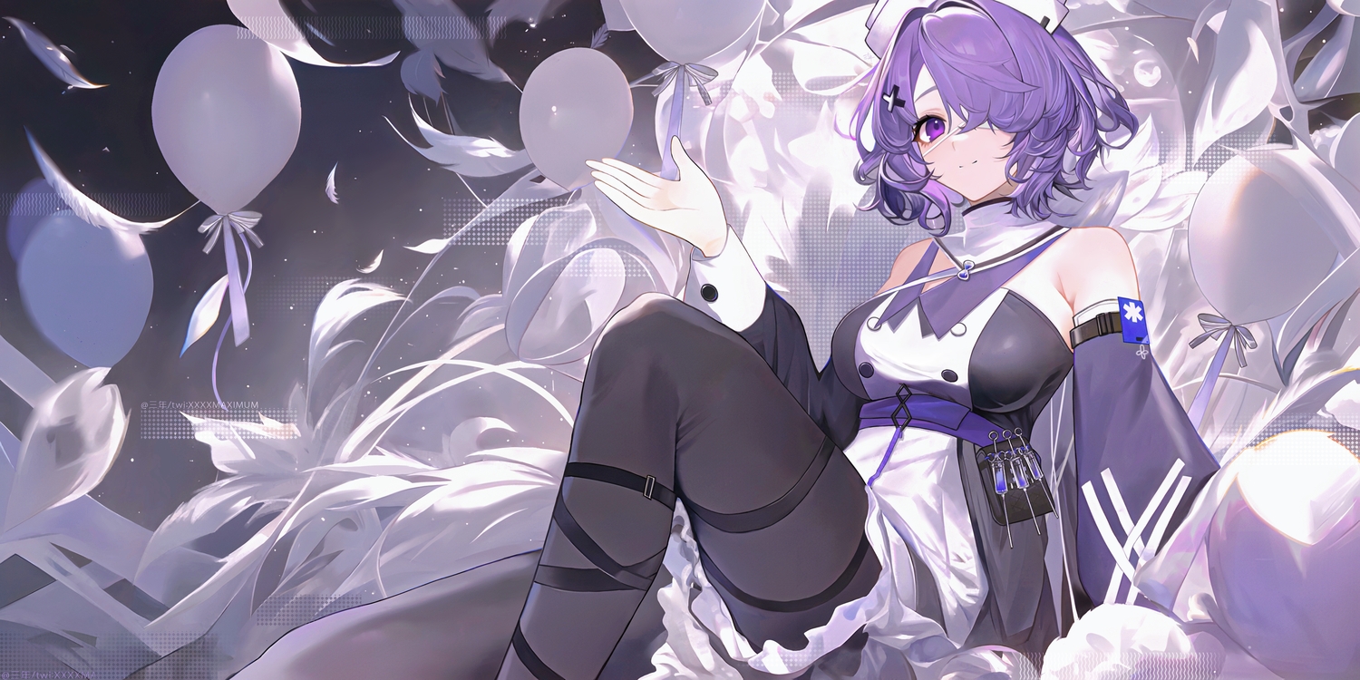 arknights, eyepatch, headdress, pantyhose, purple_eyes, purple_hair, sannen_(wuuk5423), short_hair
