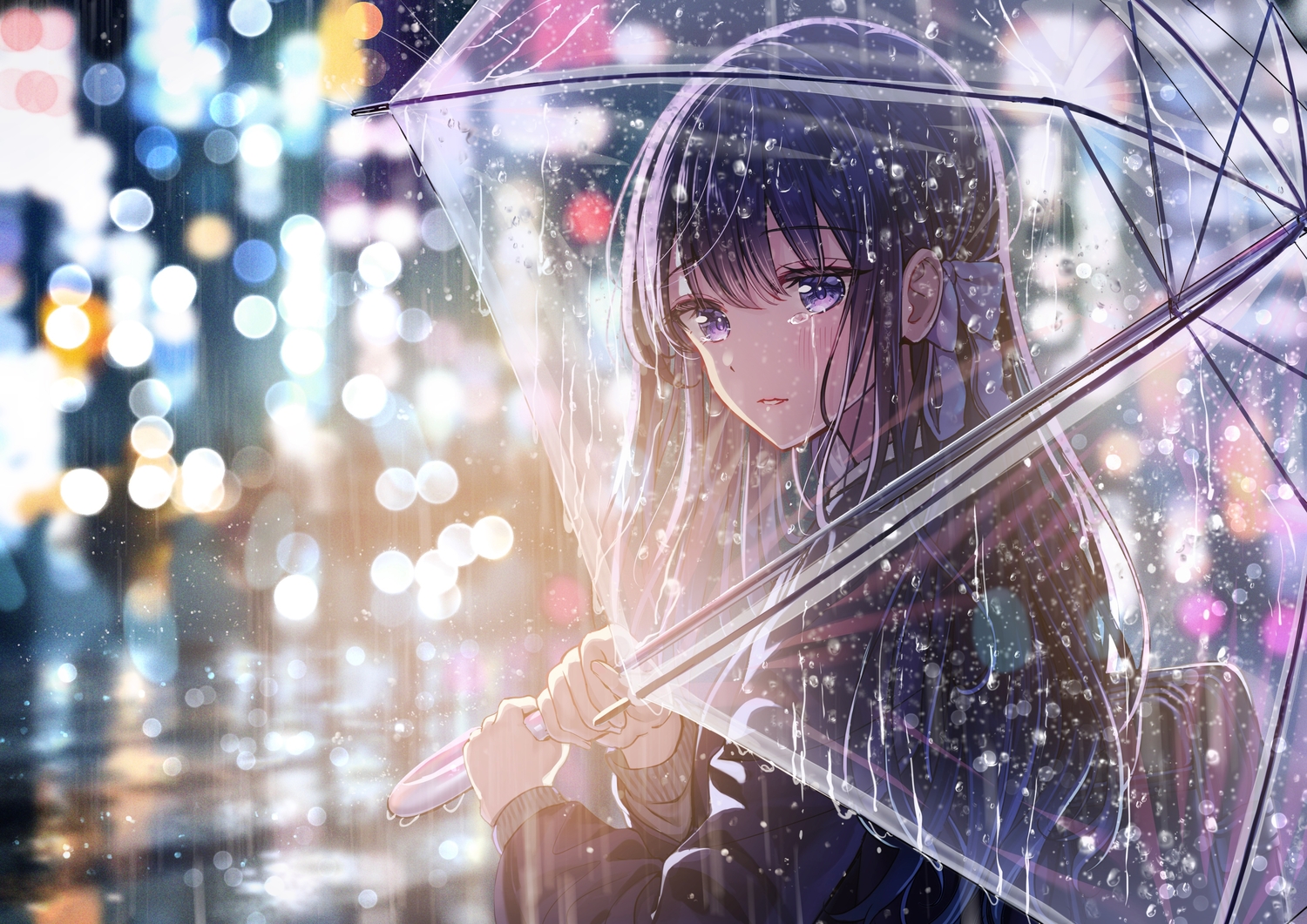 building, city, close, crying, long_hair, night, original, purple_eyes, purple_hair, rain, sakura_(39ra), school_uniform, tears, umbrella, water