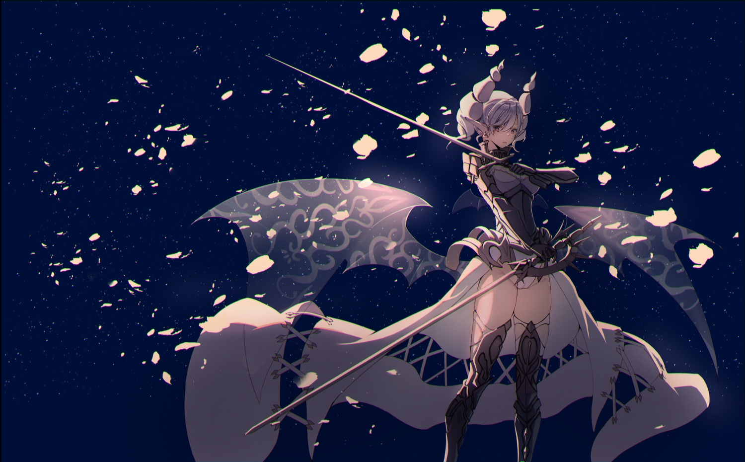 armor, cameltoe, demon, gray_hair, horns, leotard, lovely_labrynth_of_the_silver_castle, pointed_ears