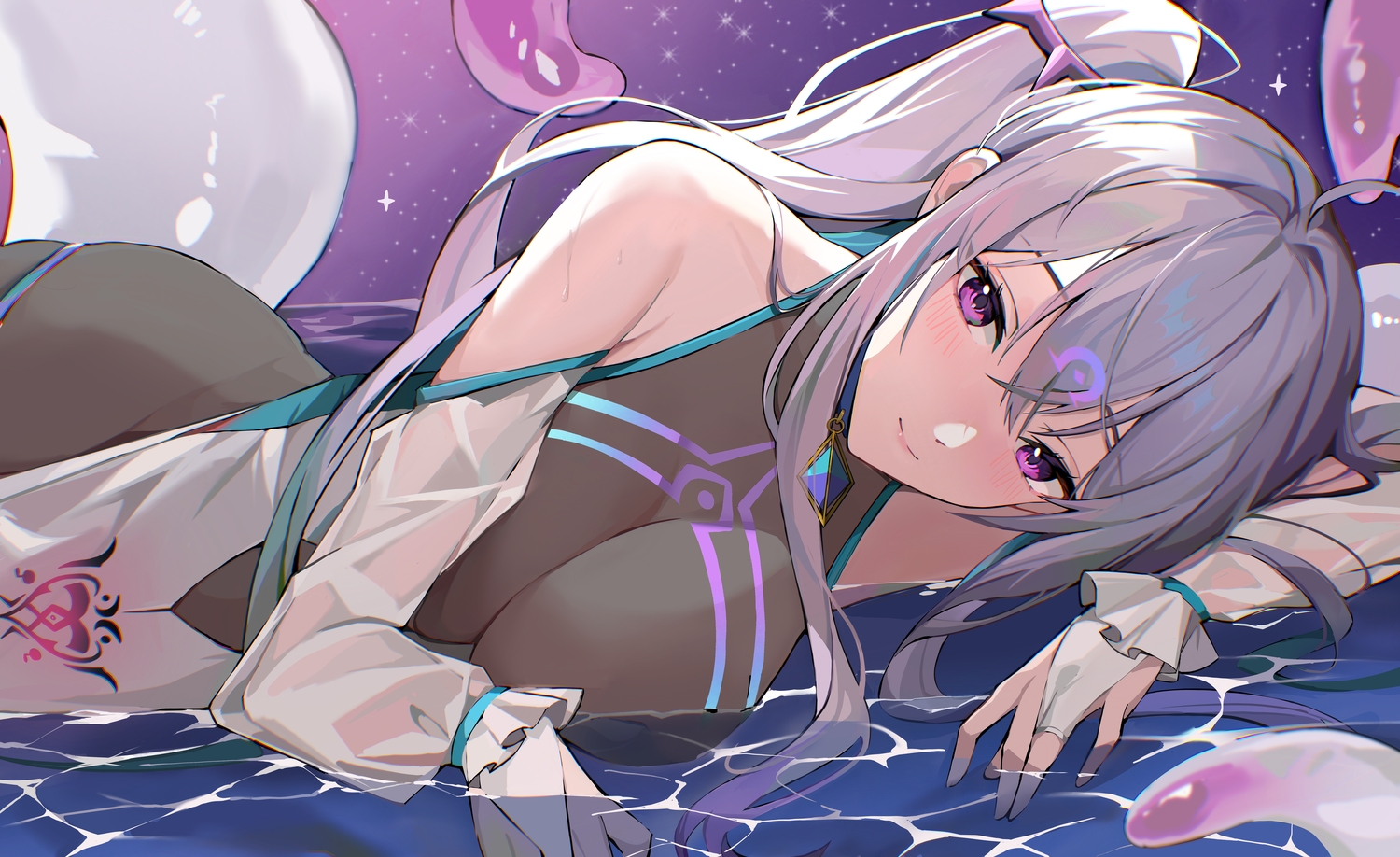 bodysuit, dress, gray_hair, indie_virtual_youtuber, jintianhuahualema, long_hair, purple_eyes, shizukou_(vtuber), tentacles, water