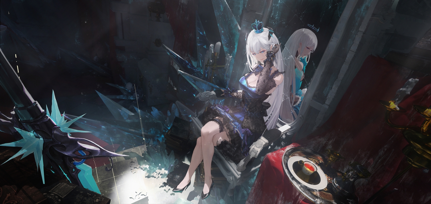 blue_eyes, book, breasts, cleavage, dress, elbow_gloves, gloves, gray_hair