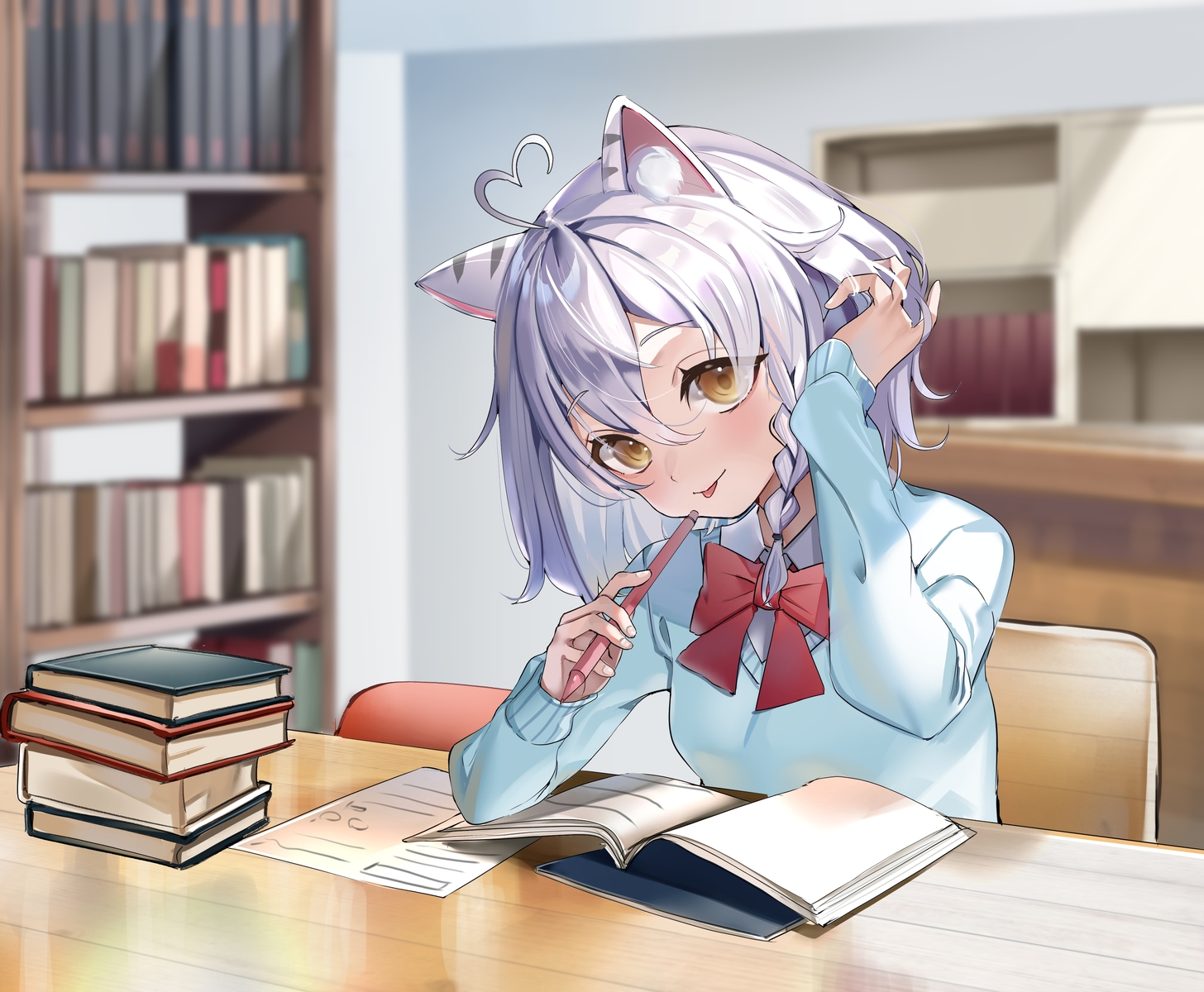 aliasing, animal_ears, book, bow, braids, brown_eyes, catgirl, gray_hair