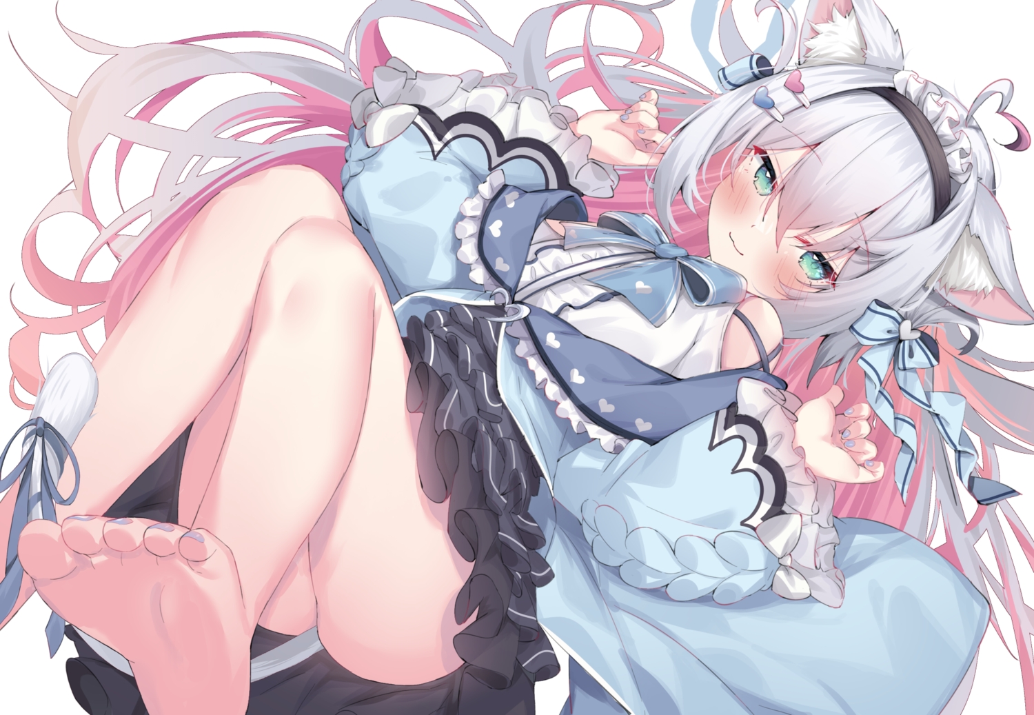 animal_ears, barefoot, blush, bow, cat_smile, dress, eip_(pepai), gray_hair