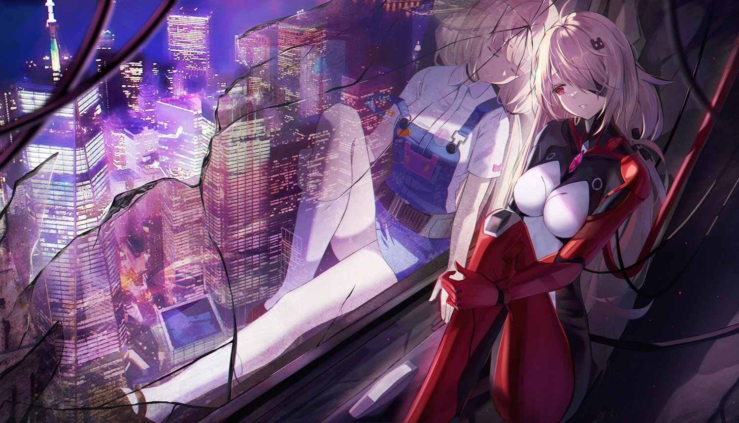 bodysuit, building, city, eyepatch, hyonee, long_hair, nemesis_(tower_of_fantasy), night