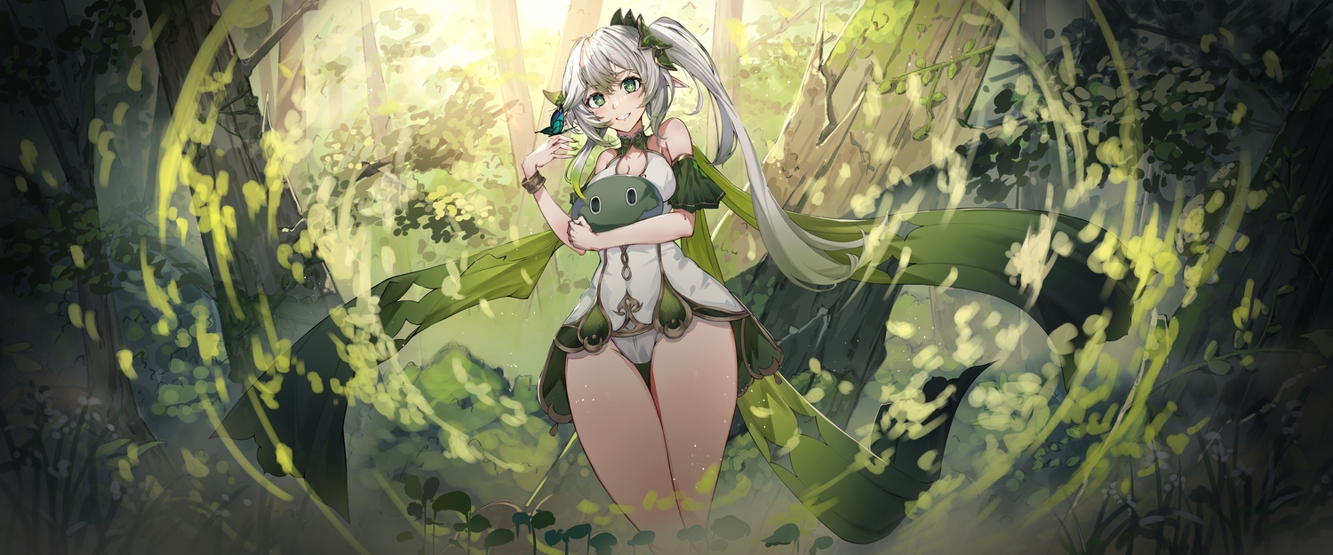 butterfly, forest, genshin_impact, gray_hair, green_eyes, lankuchashuangjielong, long_hair, nahida_(genshin_impact)