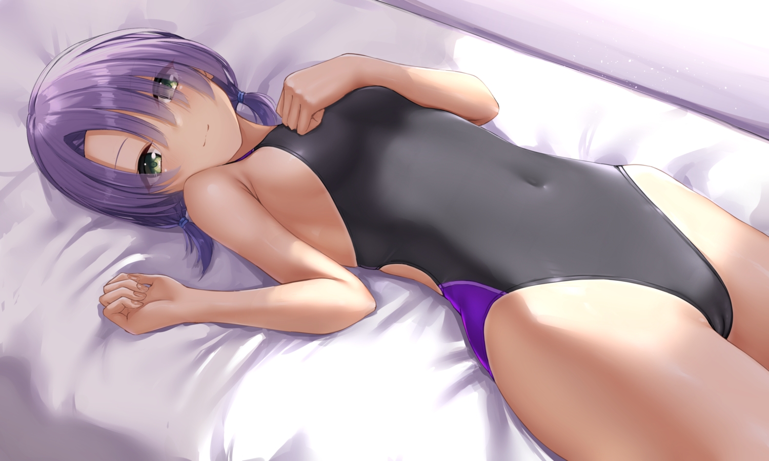 bed, blush, breast_hold, breasts, cafe_stella_to_shinigami_no_chou, cameltoe, green_eyes, hiuchidani_mei, ncontrail_(mgax7527), purple_hair, short_hair, swimsuit, twintails