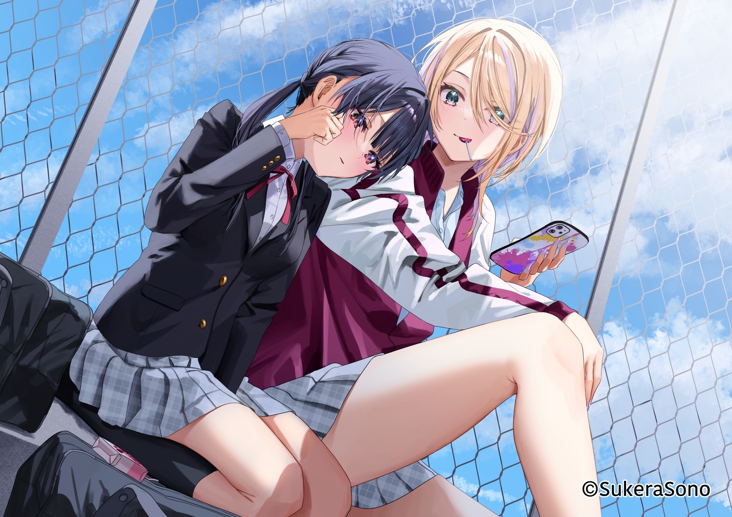 2girls, black_hair, blonde_hair, candy, chigusa_minori, clouds, gym_uniform, kneehighs