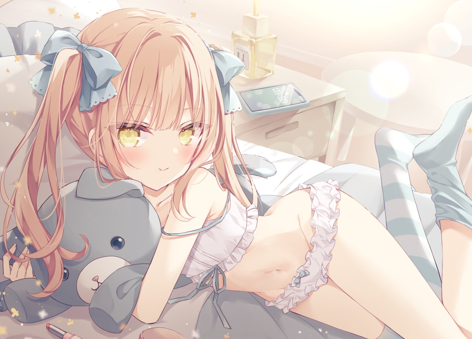bed, brown_hair, hoshi_(snacherubi), loli, long_hair, navel, original, panties