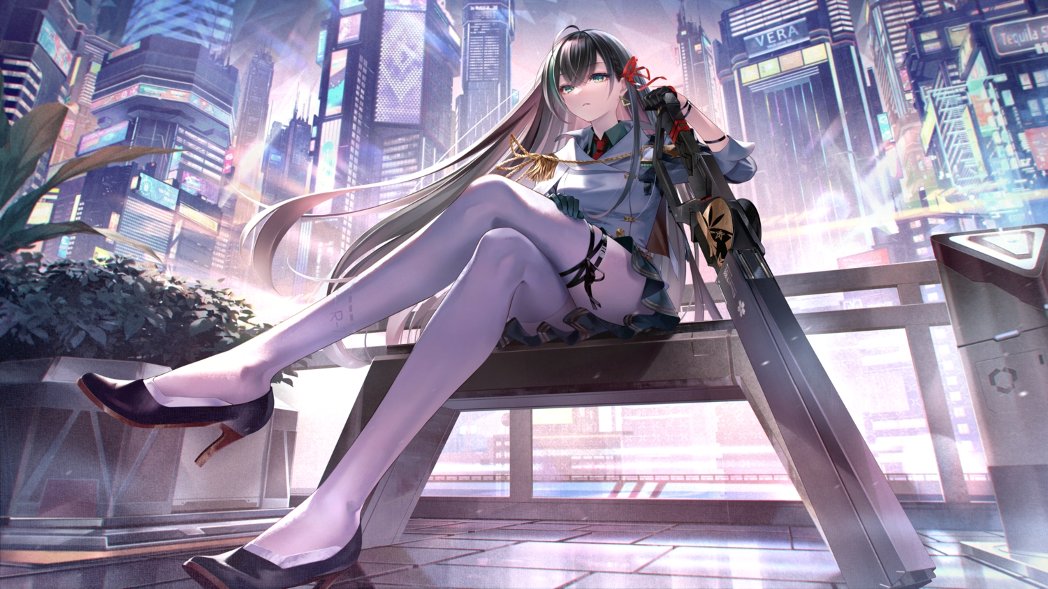 black_hair, brown_hair, building, city, gloves, green_eyes, gun, long_hair