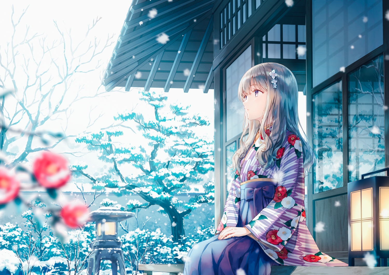 building, flowers, gray_hair, hiten_(hitenkei), japanese_clothes, kimono, long_hair, original
