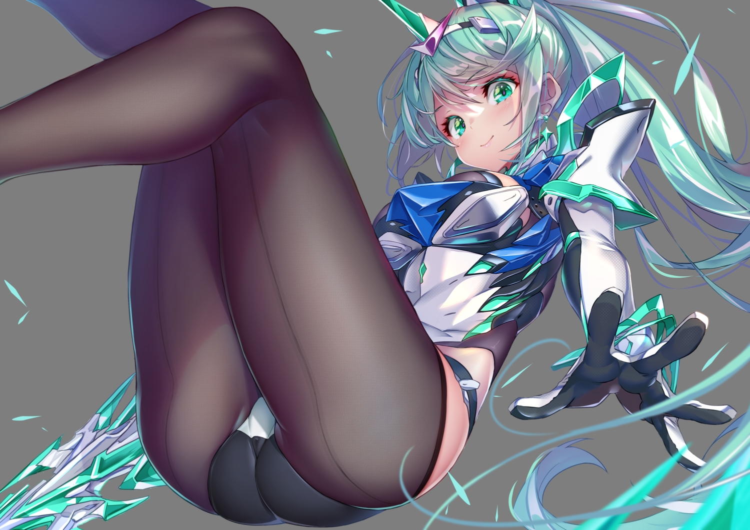 aqua_eyes, aqua_hair, armor, ass, bodysuit, headband, hong_(white_spider), long_hair, pneuma_(xenoblade), ponytail, sword, transparent, weapon, xenoblade