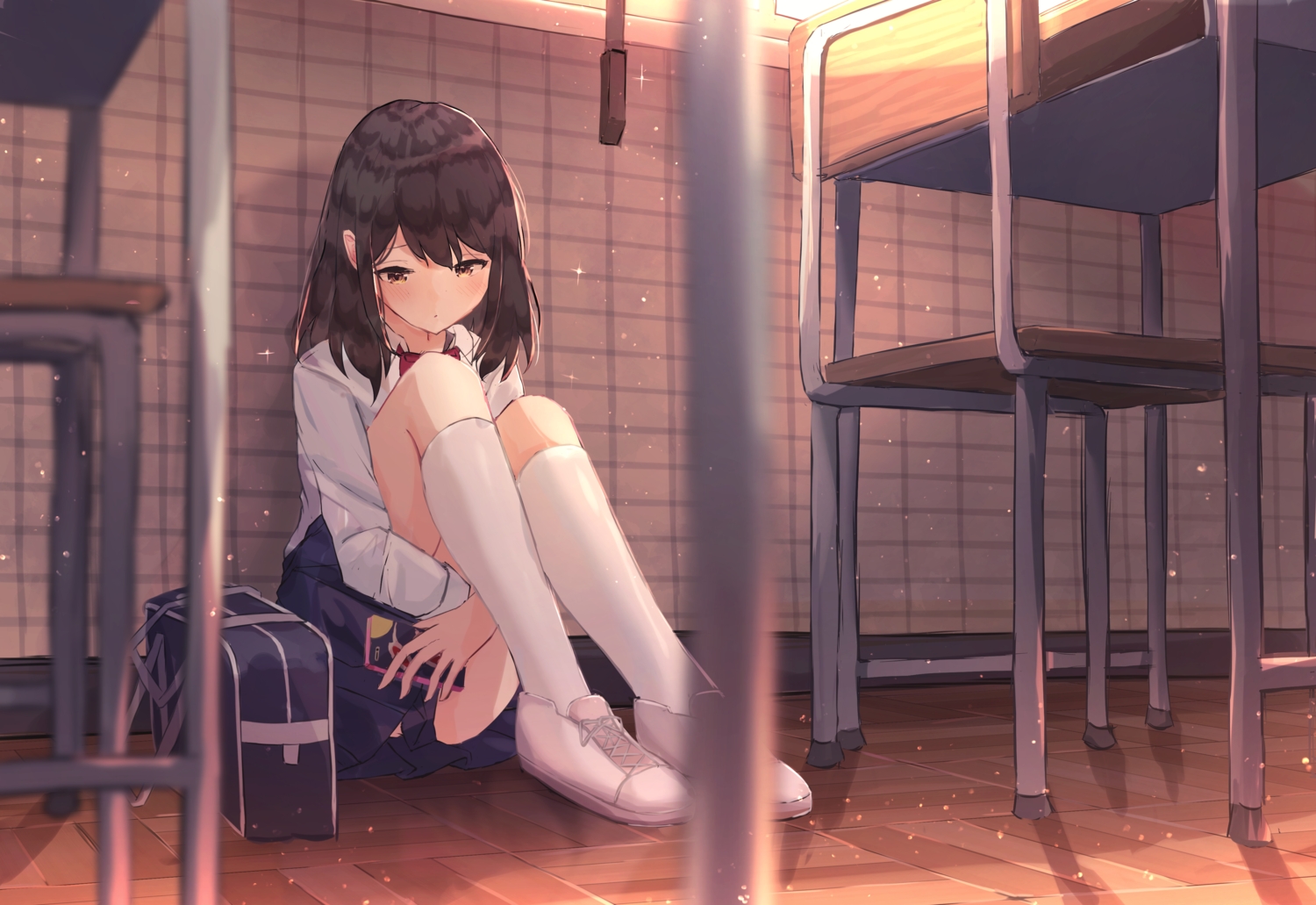 benevole, brown_eyes, brown_hair, kneehighs, mizuno_akane, phone, school_uniform, skirt, tsuki_ga_kirei