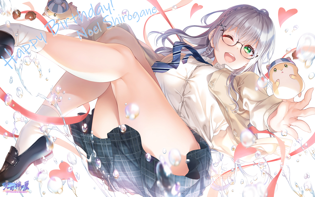 animal, blush, glasses, gray_hair, green_eyes, hololive, hozumi_kaoru, logo