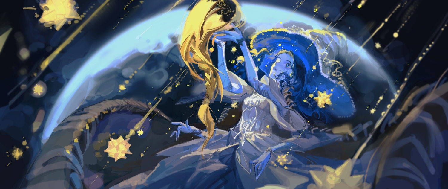 blue_eyes, blue_hair, doll, dress, elden_ring, hat, long_hair, moon, ranni_the_witch, sin_node, sketch, stars, witch_hat