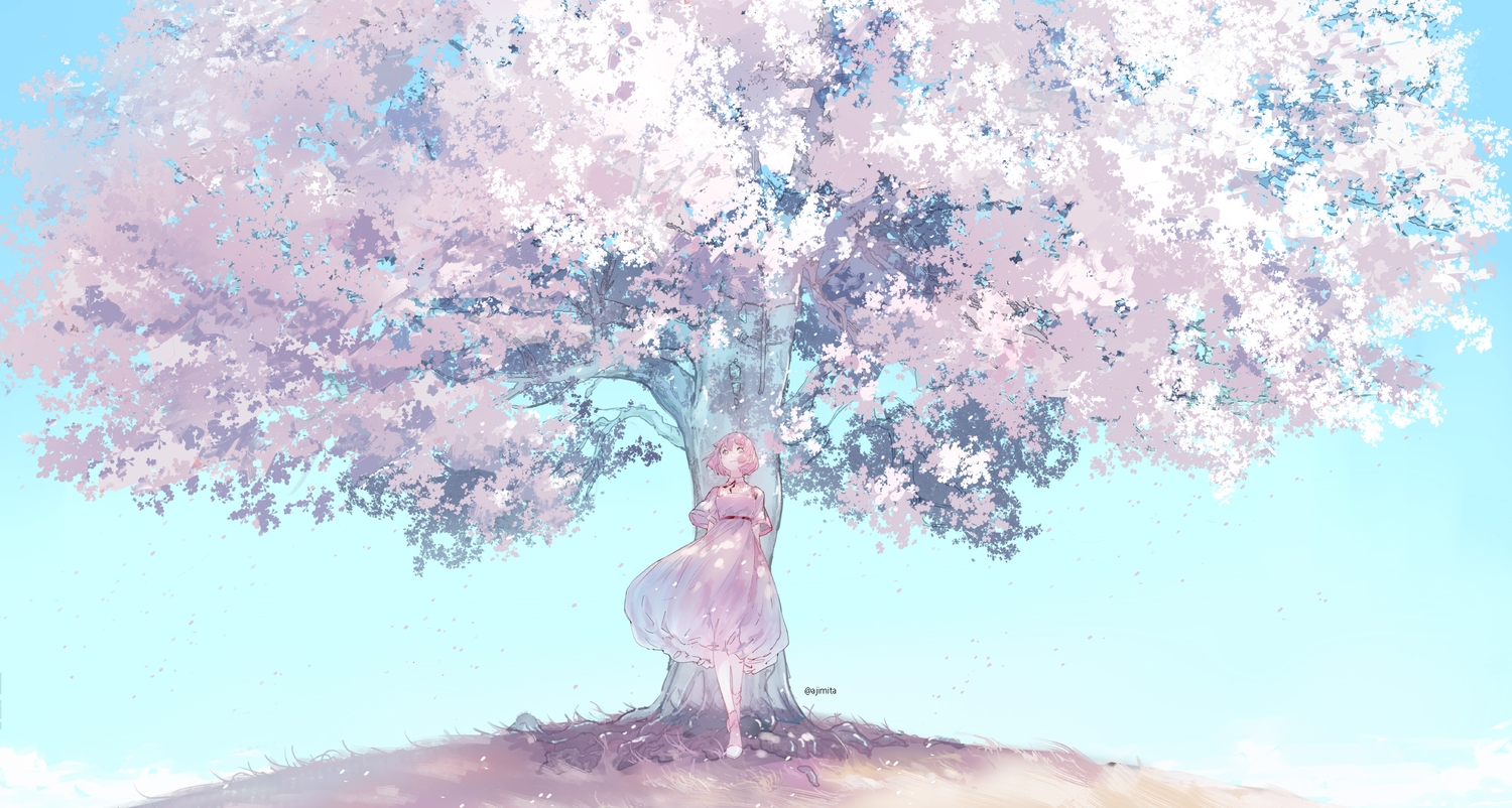 ajimita, cherry_blossoms, dress, flowers, original, petals, pink_hair, polychromatic