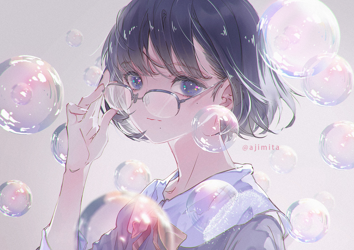 ajimita, black_eyes, black_hair, bubbles, close, glasses, original, short_hair