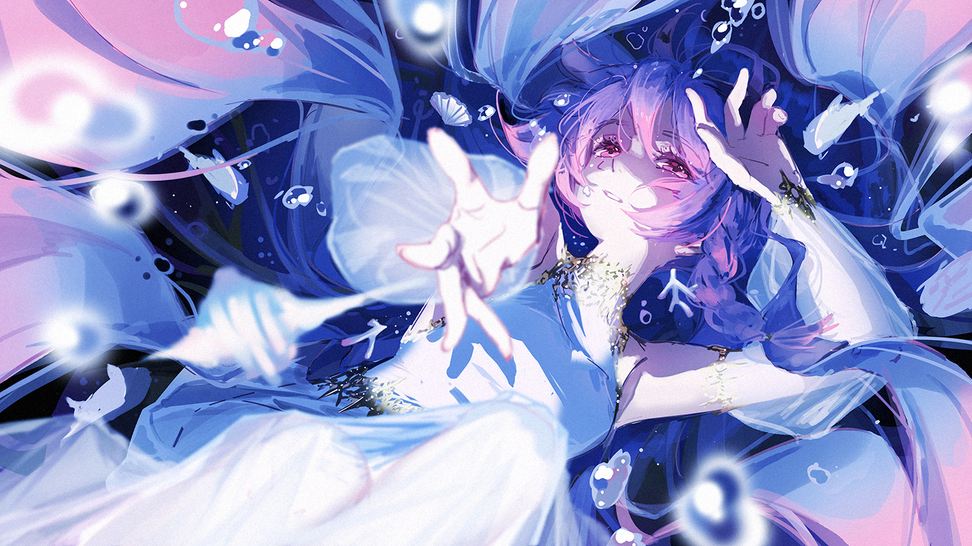 ajimita, bubbles, dress, long_hair, original, pink_eyes, pink_hair, underwater