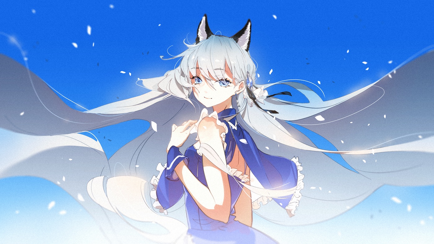 ajimita, animal_ears, blue_eyes, doggirl, gray_hair, inuzuki_ren, long_hair, petals