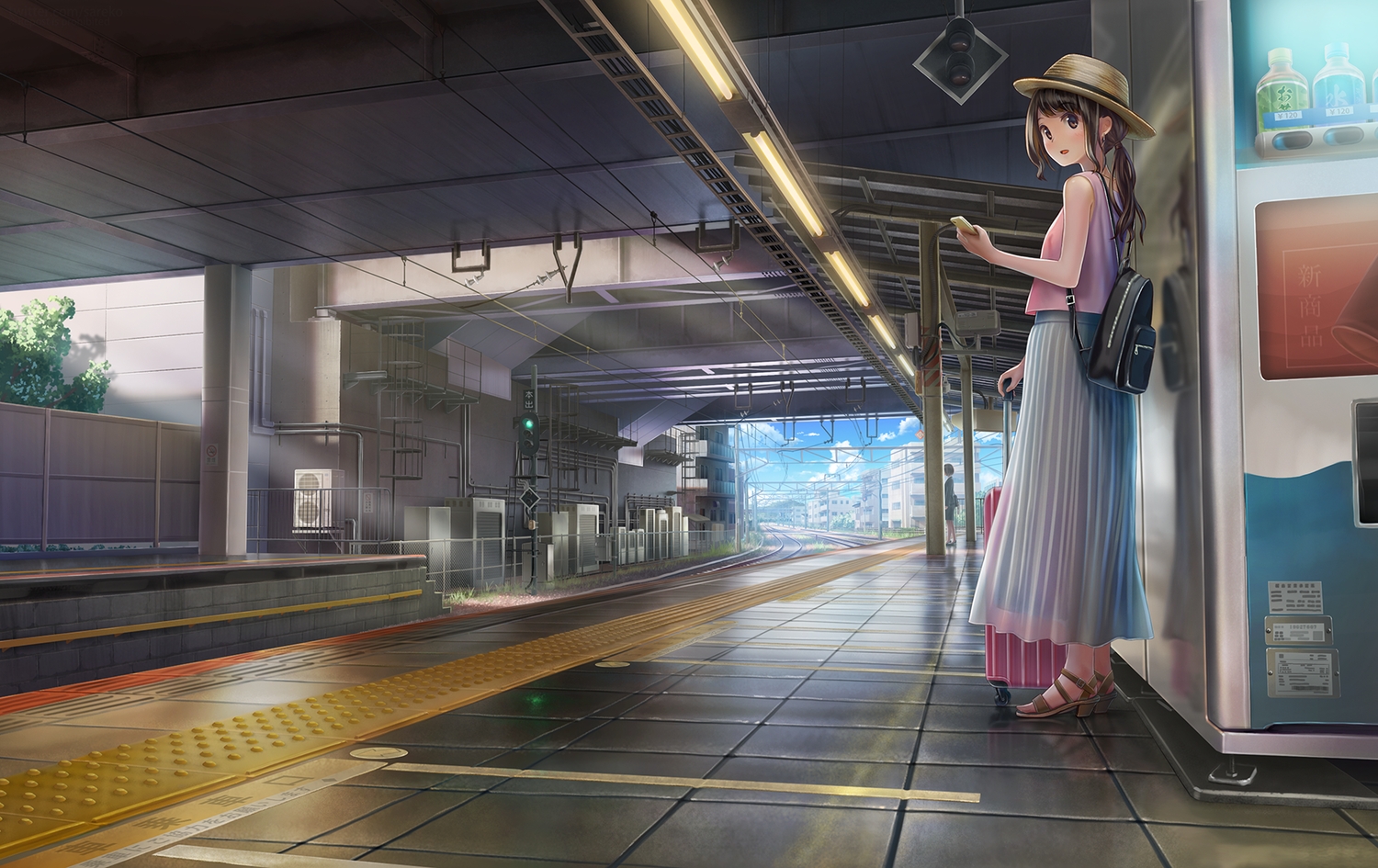 brown_eyes, brown_hair, dress, hat, original, phone, ponytail, sarekoube