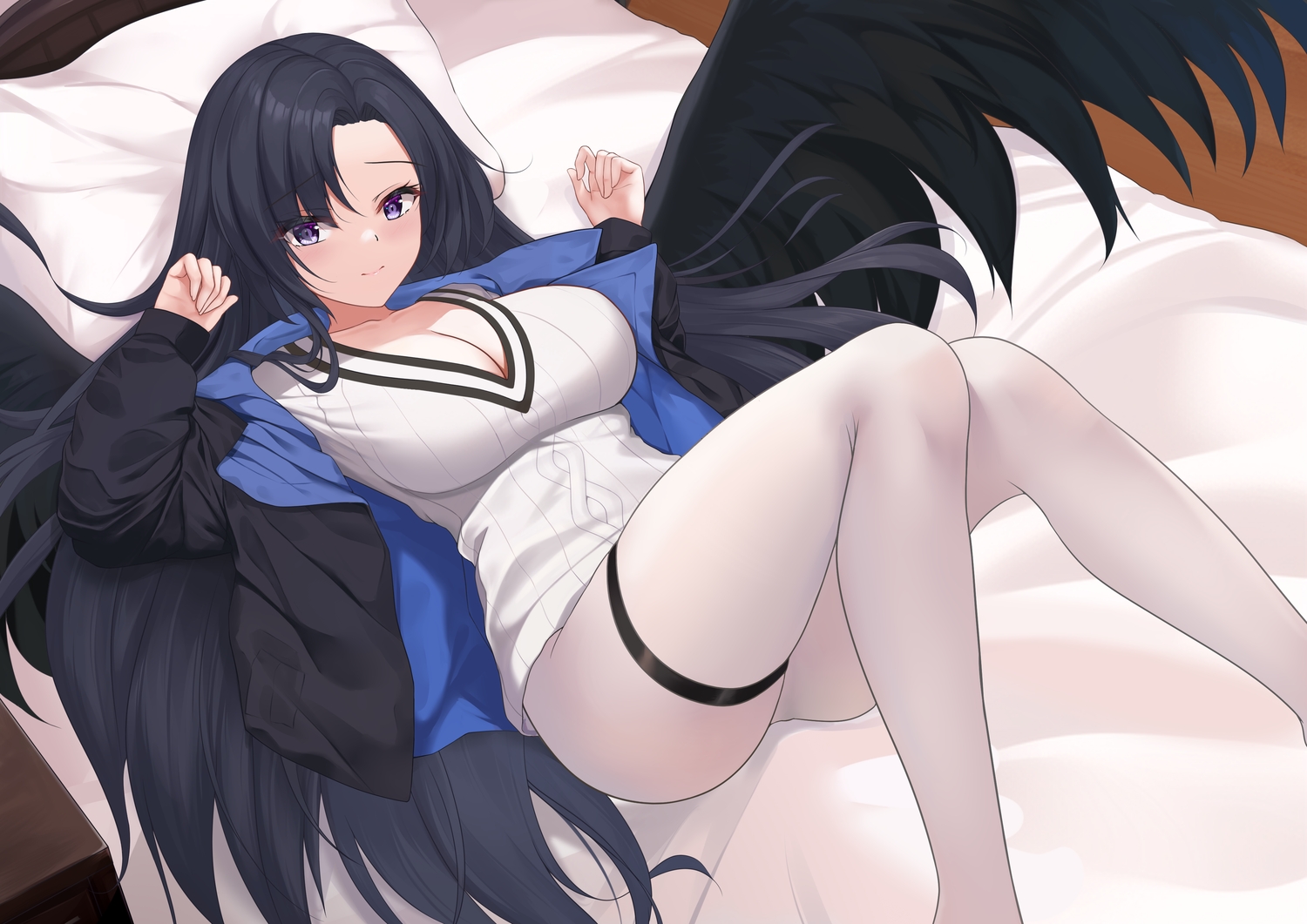 bed, black_hair, breasts, cleavage, garter, long_hair, pantyhose, purple_eyes