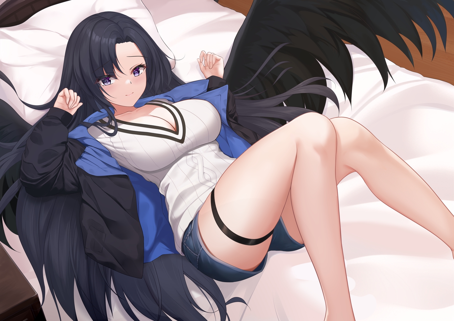bed, black_hair, breasts, cleavage, garter, long_hair, purple_eyes, shenqi_(toid310)