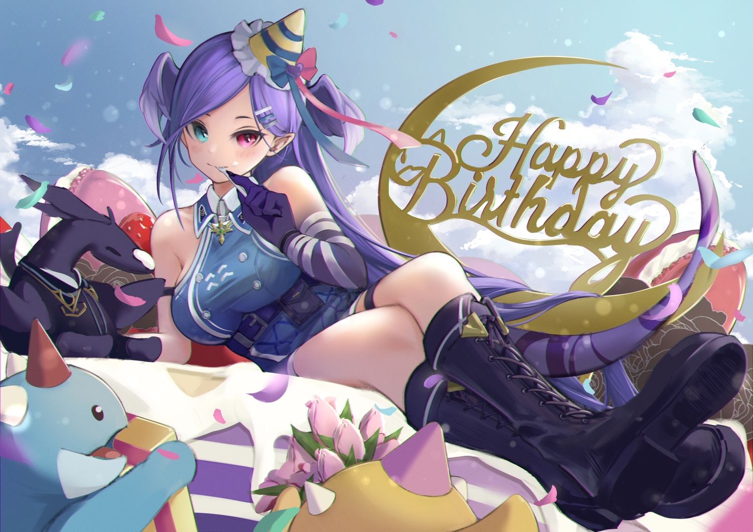 aqua_eyes, bicolored_eyes, boots, cake, clouds, flowers, food, hat, leah_(134aah), long_hair, nijisanji, pointed_ears, purple_eyes, purple_hair, selen_tatsuki, sky, wings