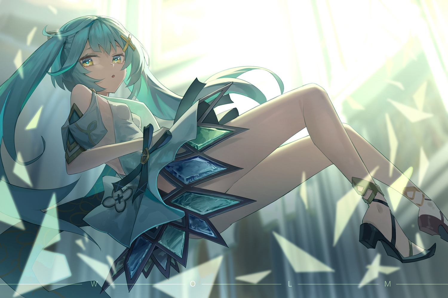 aqua_hair, dress, faruzan_(genshin_impact), genshin_impact, hei_huo_chong, long_hair, twintails, yellow_eyes
