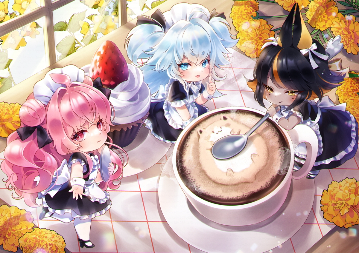 animal_ears, blush, cake, chibi, drink, florence_(girls_frontline_2), flowers, food