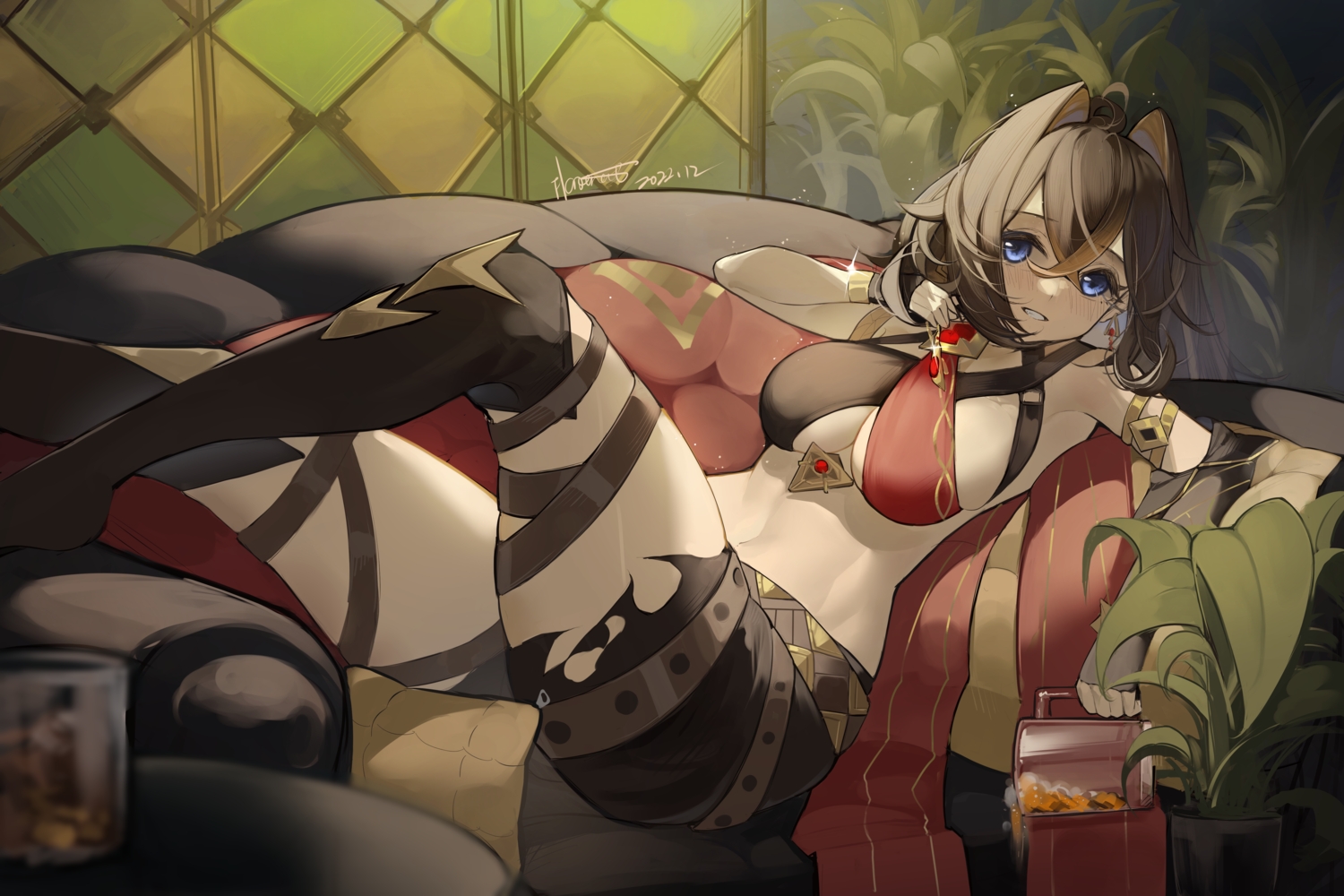 blue_eyes, brown_hair, couch, dehya_(genshin_impact), drink, genshin_impact, headband, no_bra