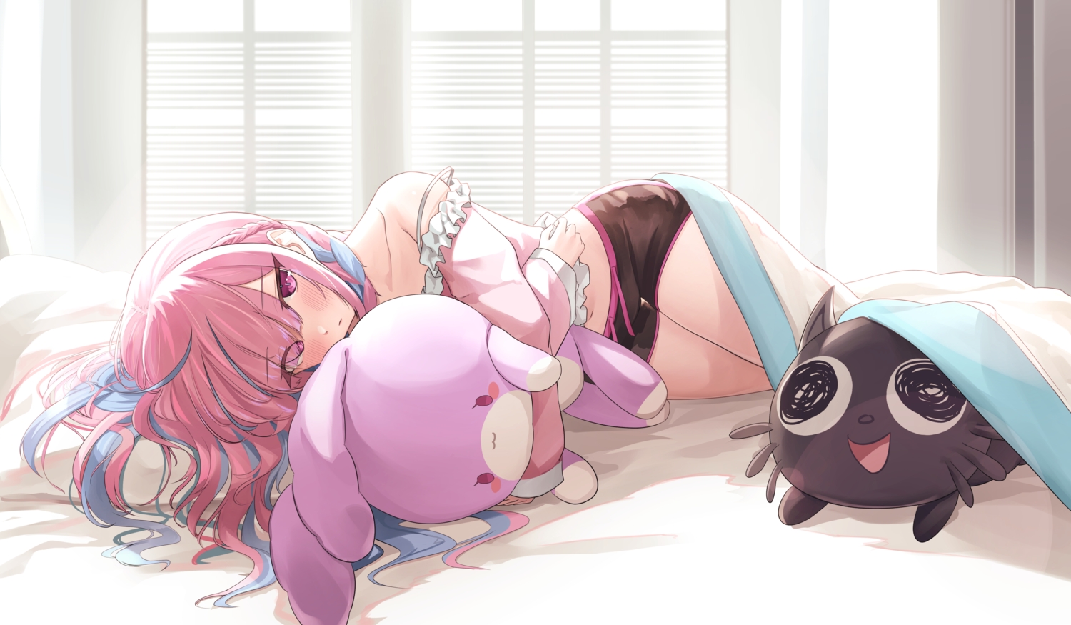 animal_ears, bed, blush, bunny_ears, daran9, hololive, long_hair, minato_aqua