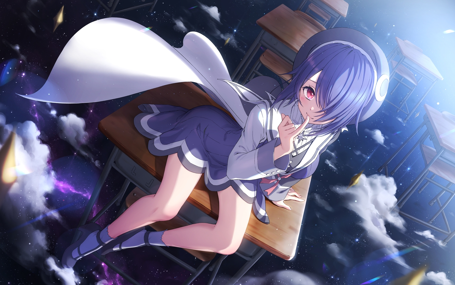 aogiri_koukou, clouds, dress, hat, kamome_yuu, necklace, night, ontama_tamako
