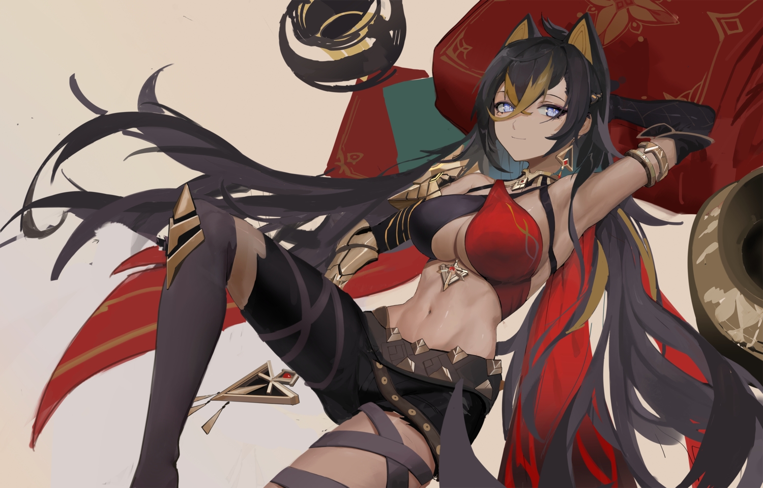 animal_ears, armor, black_hair, blue_eyes, breasts, choker, cleavage, dark_skin, dehya_(genshin_impact), elbow_gloves, garter, genshin_impact, gloves, long_hair, splitting0, thighhighs, torn_clothes
