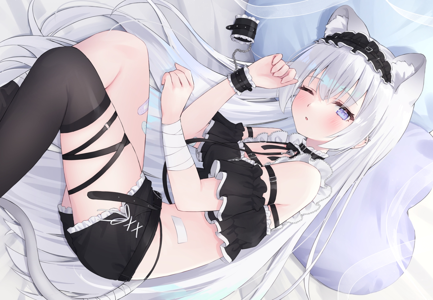 animal_ears, bandage, bandaid, bed, blush, bow, catgirl, collar, garter, goth-loli, gray_hair, headband, indie_virtual_youtuber, lolita_fashion, long_hair, purple_eyes, ribbons, shackles, shano_hiyori, shorts, tail, thighhighs, wink, yamane_nemu_(vtuber)