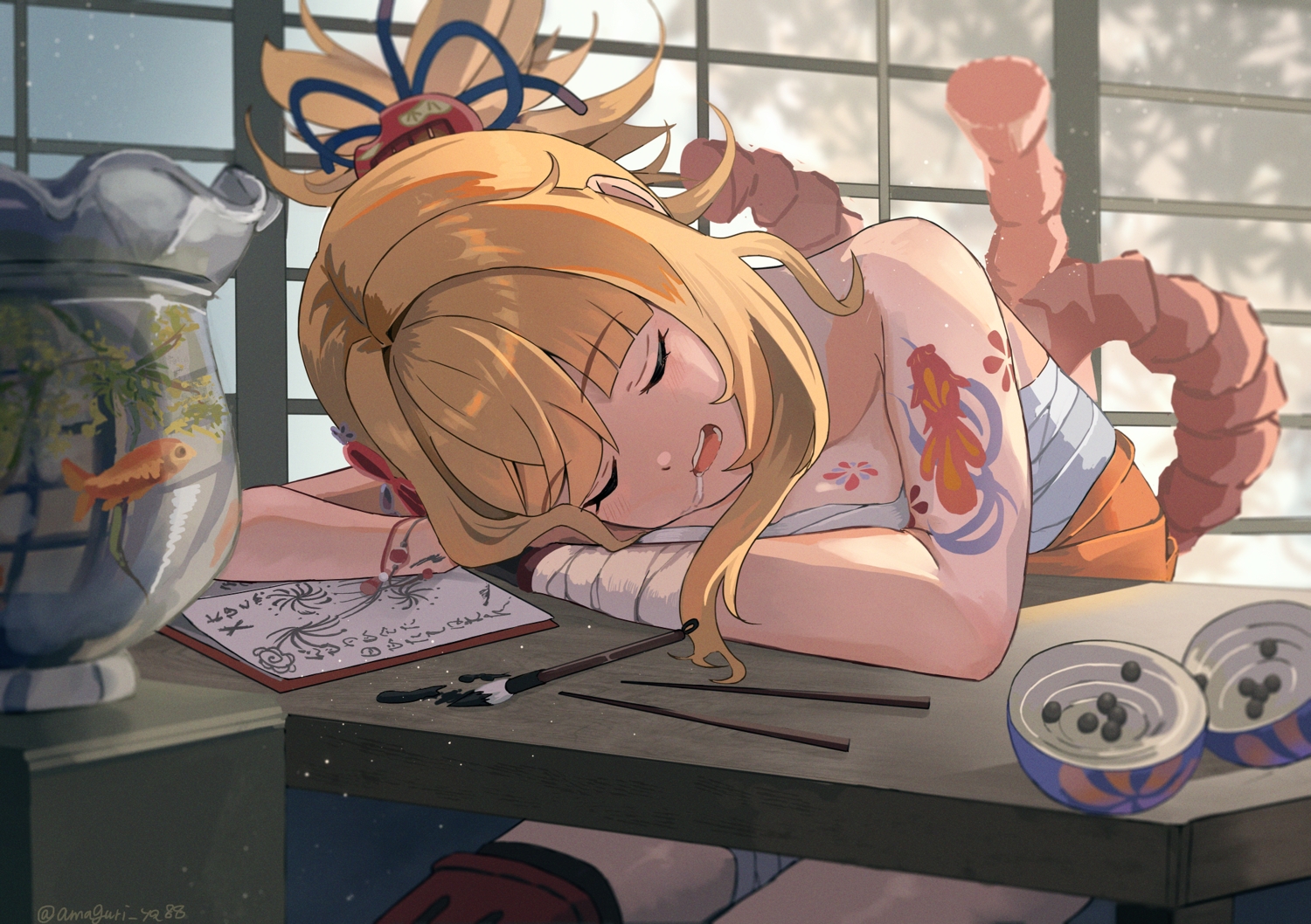 amaguri_ya, animal, bandage, blonde_hair, fish, genshin_impact, japanese_clothes, paper, sarashi, sleeping, tattoo, underwear, yoimiya_(genshin_impact)