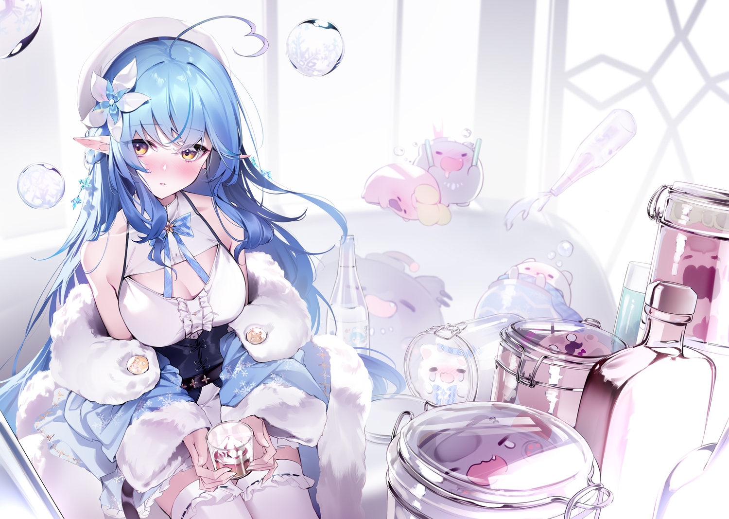blue_hair, blush, breasts, cleavage, couch, food, hat, hololive