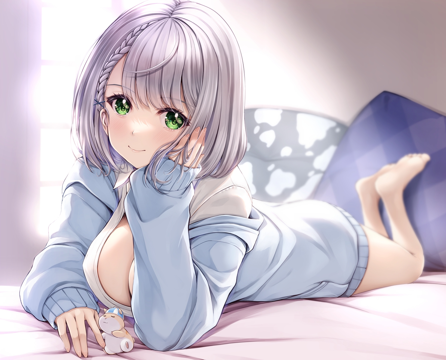 animal, barefoot, bed, blush, braids, breasts, cleavage, gray_hair
