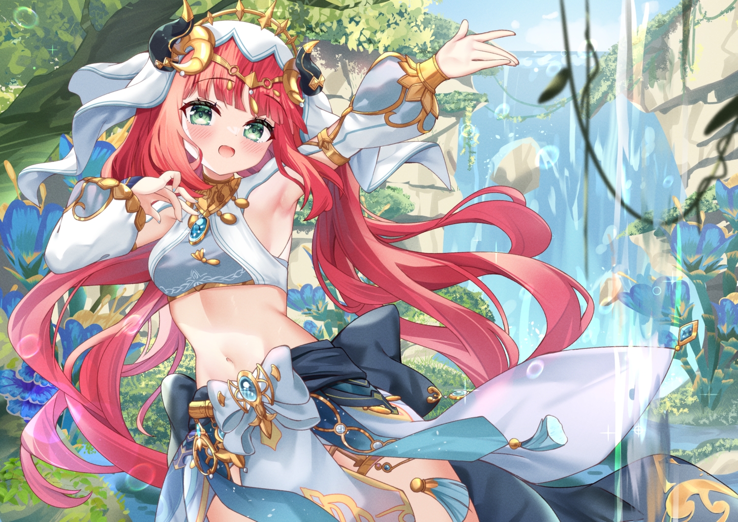 genshin_impact, green_eyes, headdress, hiyada_yuu, horns, long_hair, nilou_(genshin_impact), red_hair