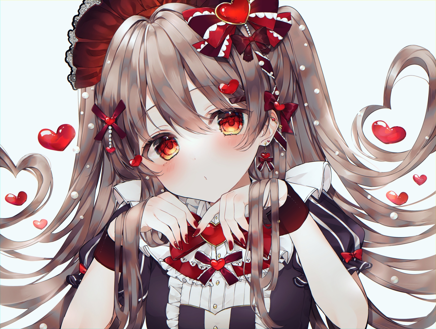 blush, bow, brown_hair, close, goth-loli, headdress, heart, lolita_fashion, long_hair, original, red_eyes, twintails, wako_morino