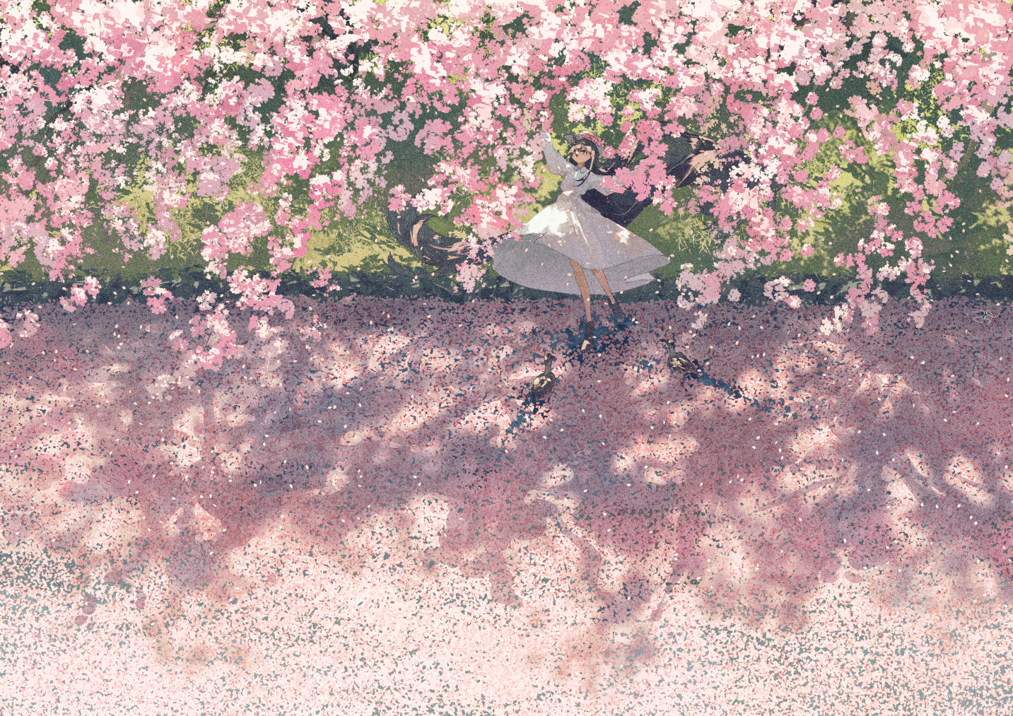 cherry_blossoms, dress, flowers, hat, long_hair, original, petals, potg_(piotegu)