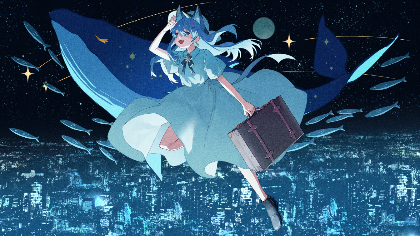 animal, animal_ears, building, city, fish, live_union, minase_nagi_(live_union), moon