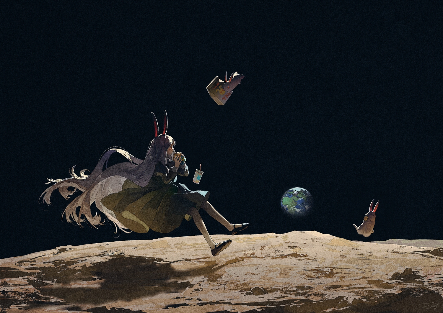 animal, animal_ears, bunny_ears, bunnygirl, dress, drink, food, moon, original, planet, potg_(piotegu), rabbit, signed, space