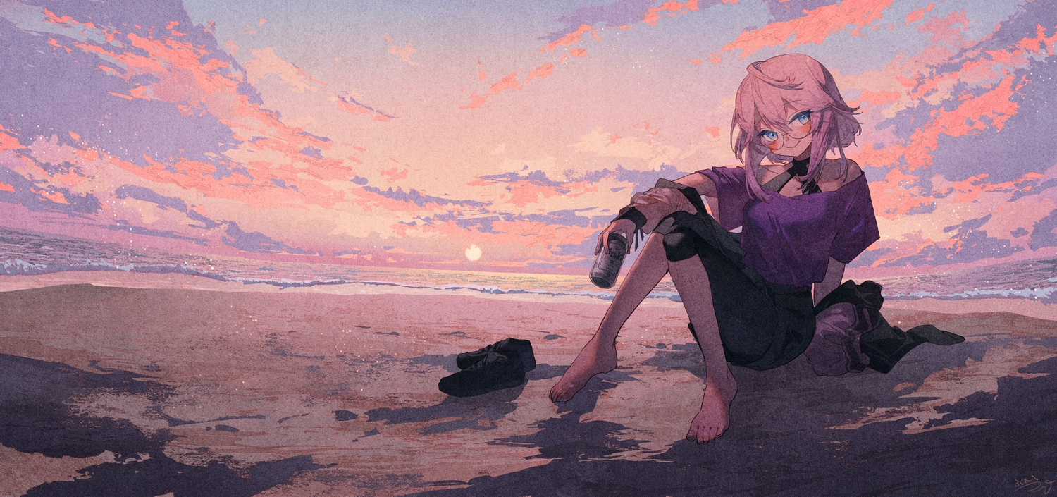 barefoot, beach, blue_eyes, blush, clouds, glasses, original, pink_hair