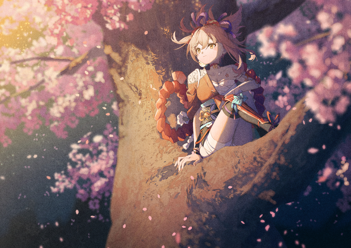 cherry_blossoms, flowers, genshin_impact, japanese_clothes, petals, potg_(piotegu), sarashi, tree