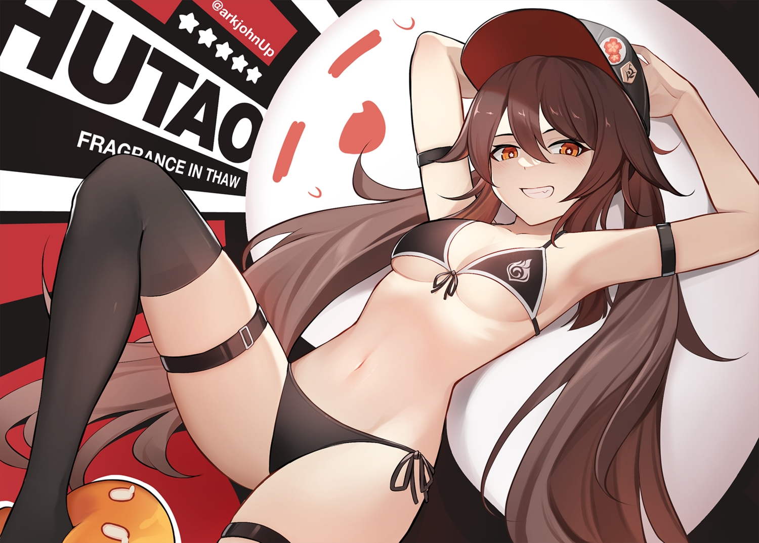 ark_john_up, bikini, brown_hair, genshin_impact, hu_tao_(genshin_impact), long_hair, orange_eyes, parody, swimsuit, twintails, underboob, watermark