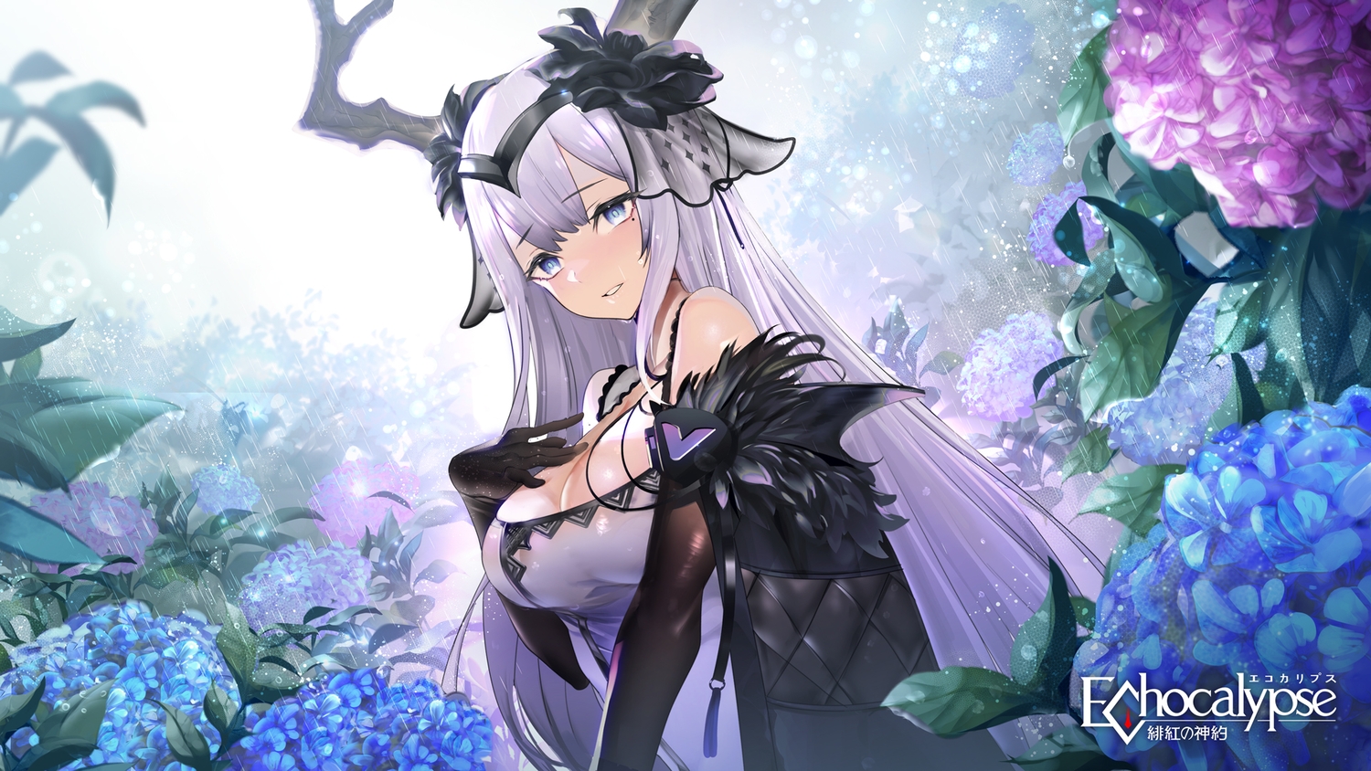 blush, breast_hold, breasts, cleavage, close, echocalypse, flowers, gray_hair, horns, logo, long_hair, teddypocky, zawa_(echocalypse)