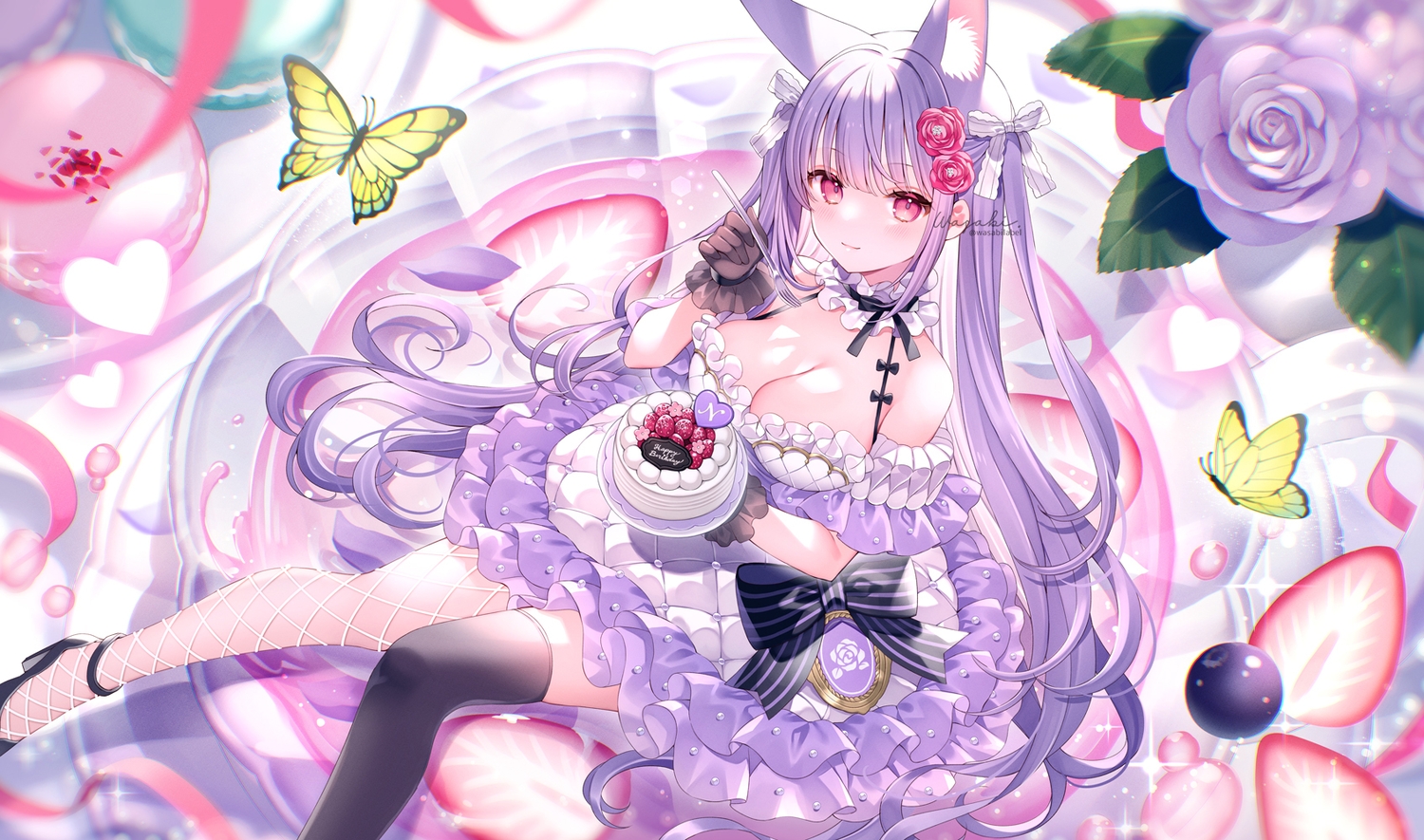 animal_ears, blush, bow, breasts, butterfly, cake, choker, cleavage