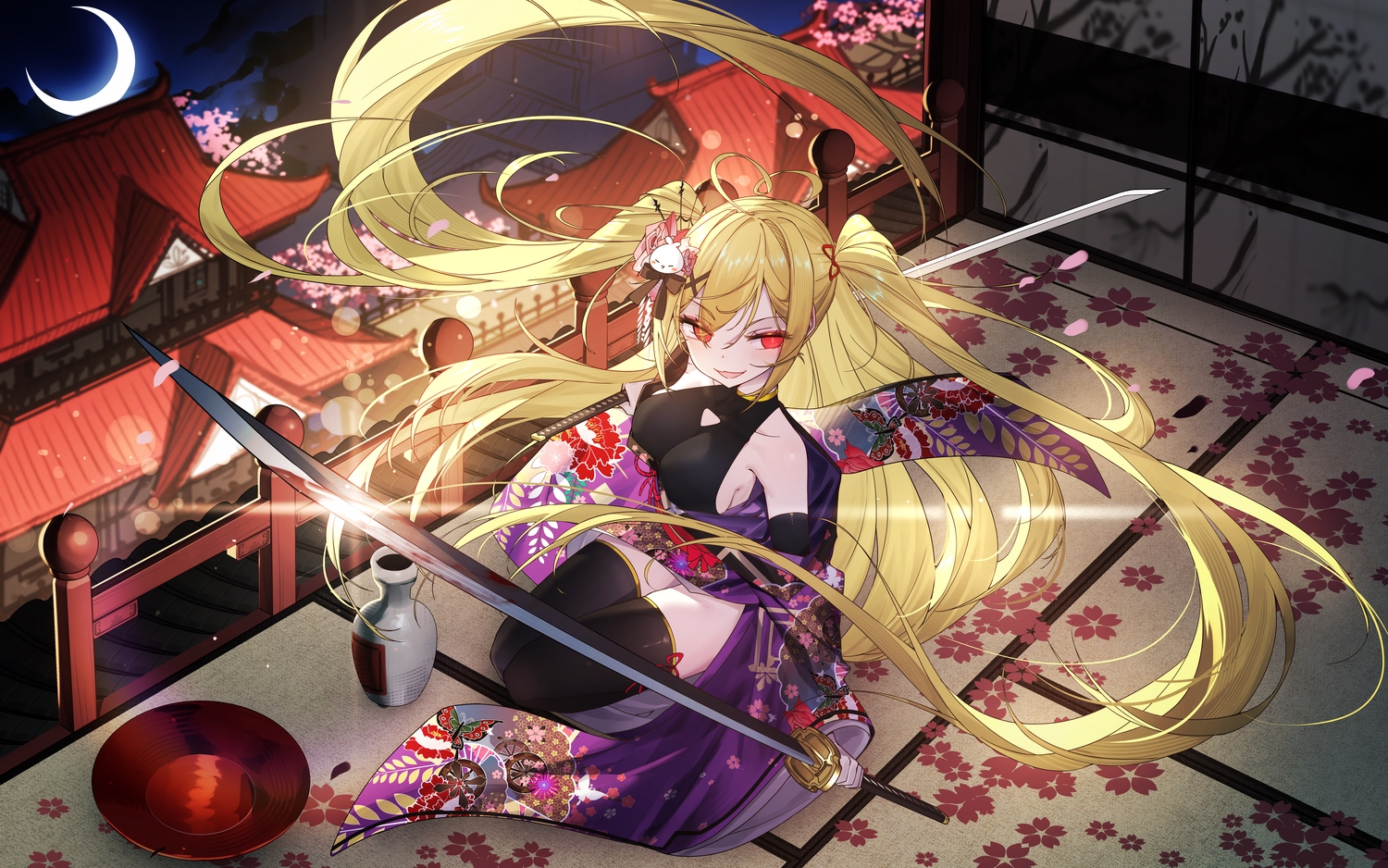 blonde_hair, breasts, drink, japanese_clothes, katana, long_hair, moon, night