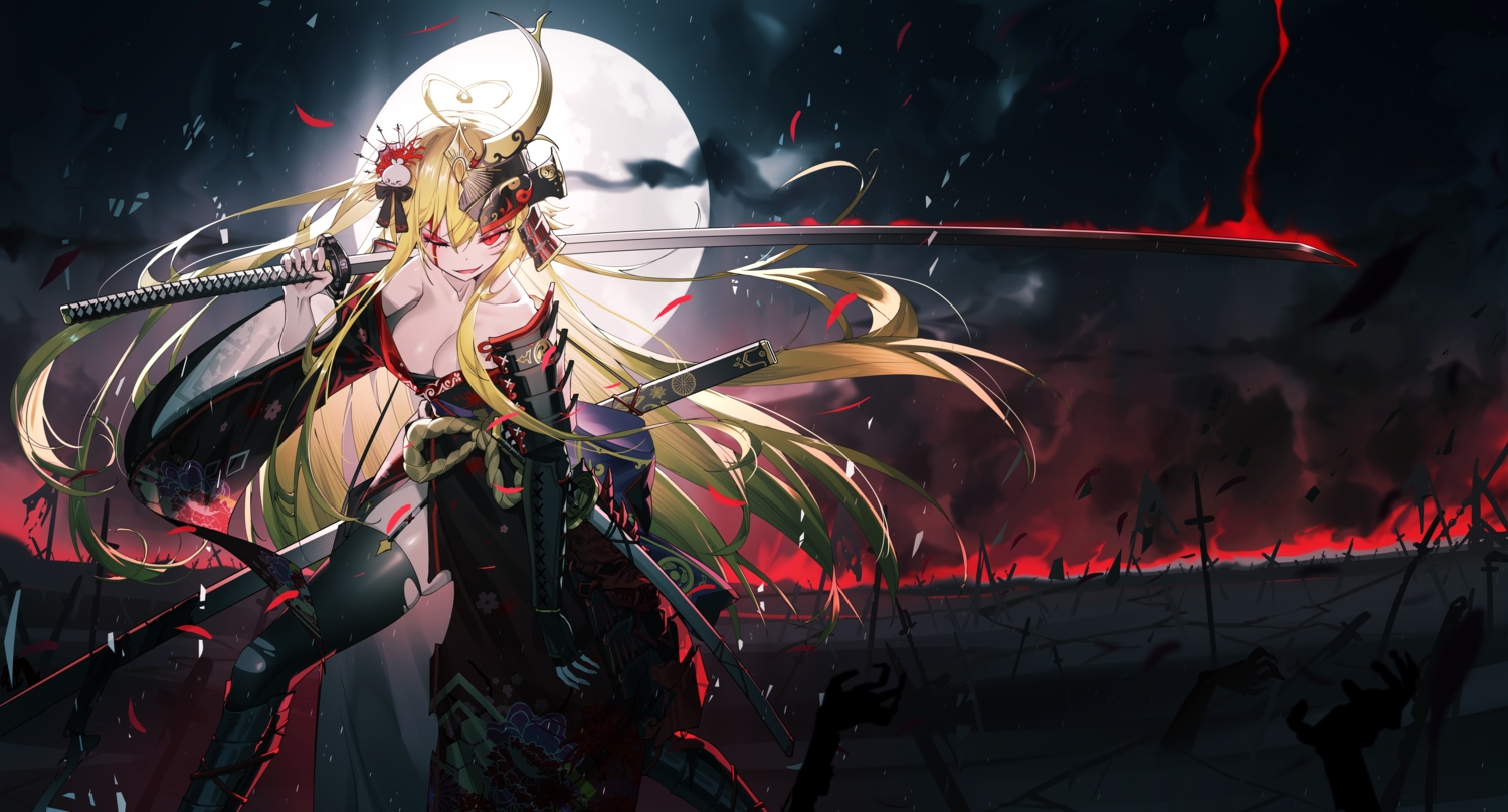 armor, blonde_hair, breasts, cleavage, japanese_clothes, katana, long_hair, moon, night, niliu_chahui, original, red_eyes, stockings, sword, tokisaki_asaba, torn_clothes, weapon